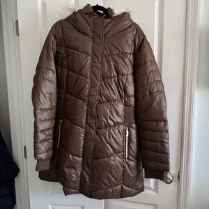 30 First Brown Puffer Parka Faux Fur Hood Cinched Waist Winter Coat Womens